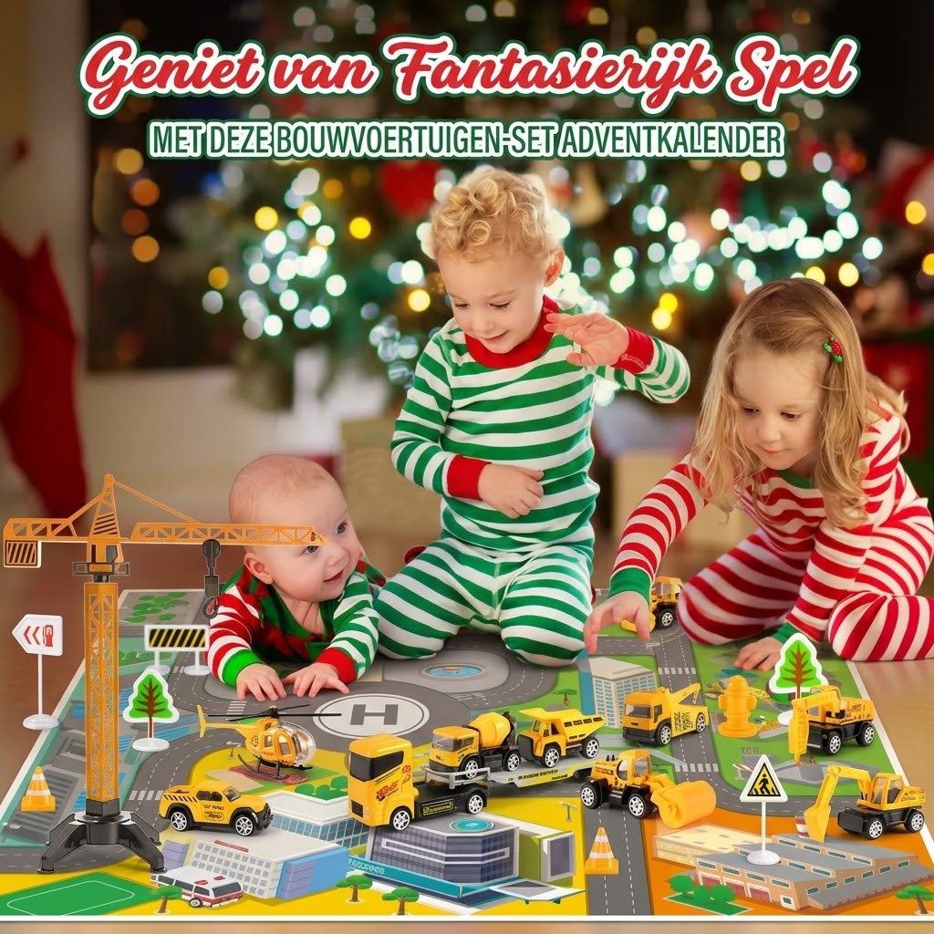 Bouwplaats adventskalender met 24 metalen mini bouwvoertuigen