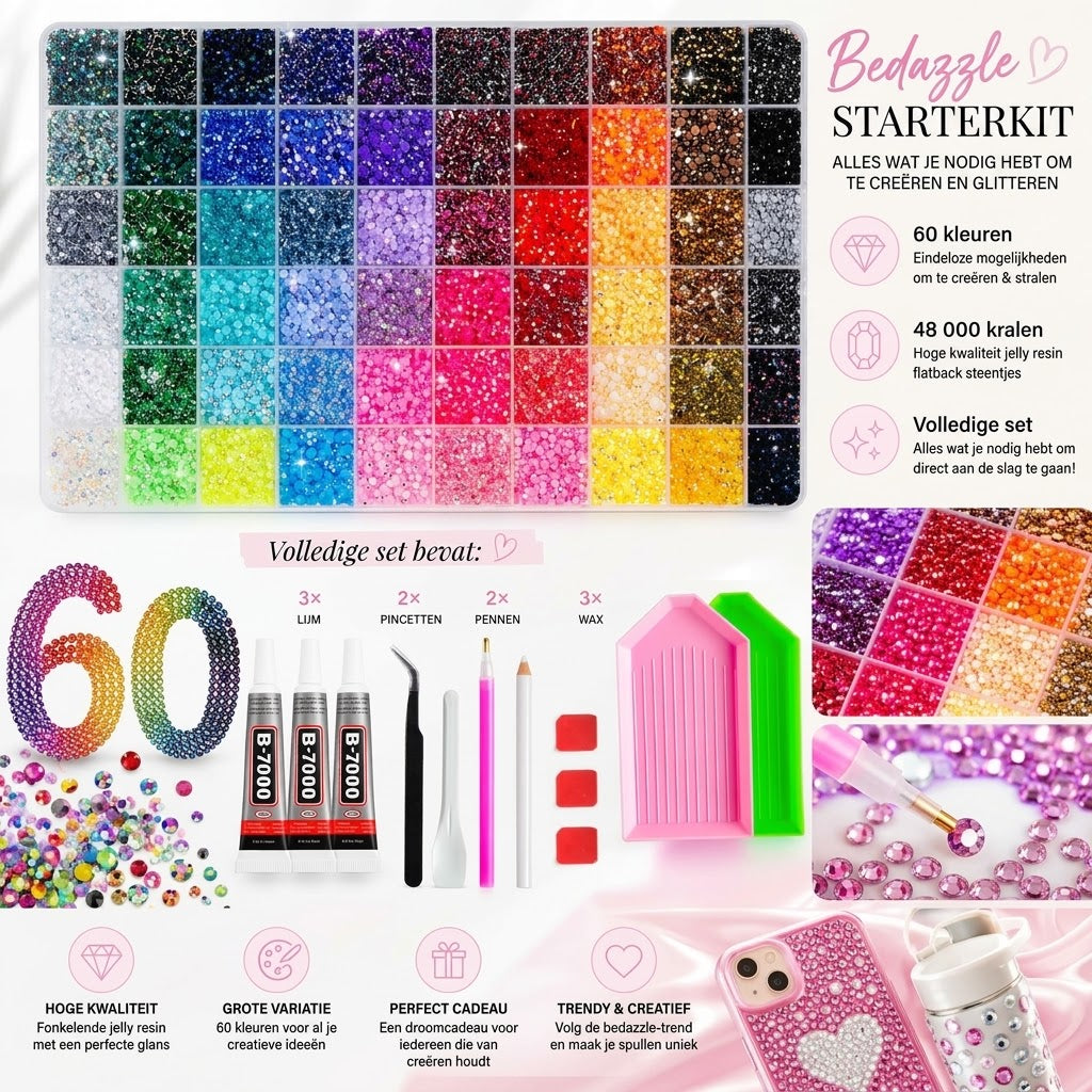 Bedazzle strass steentjes set met 48000 stuks in 60 kleuren