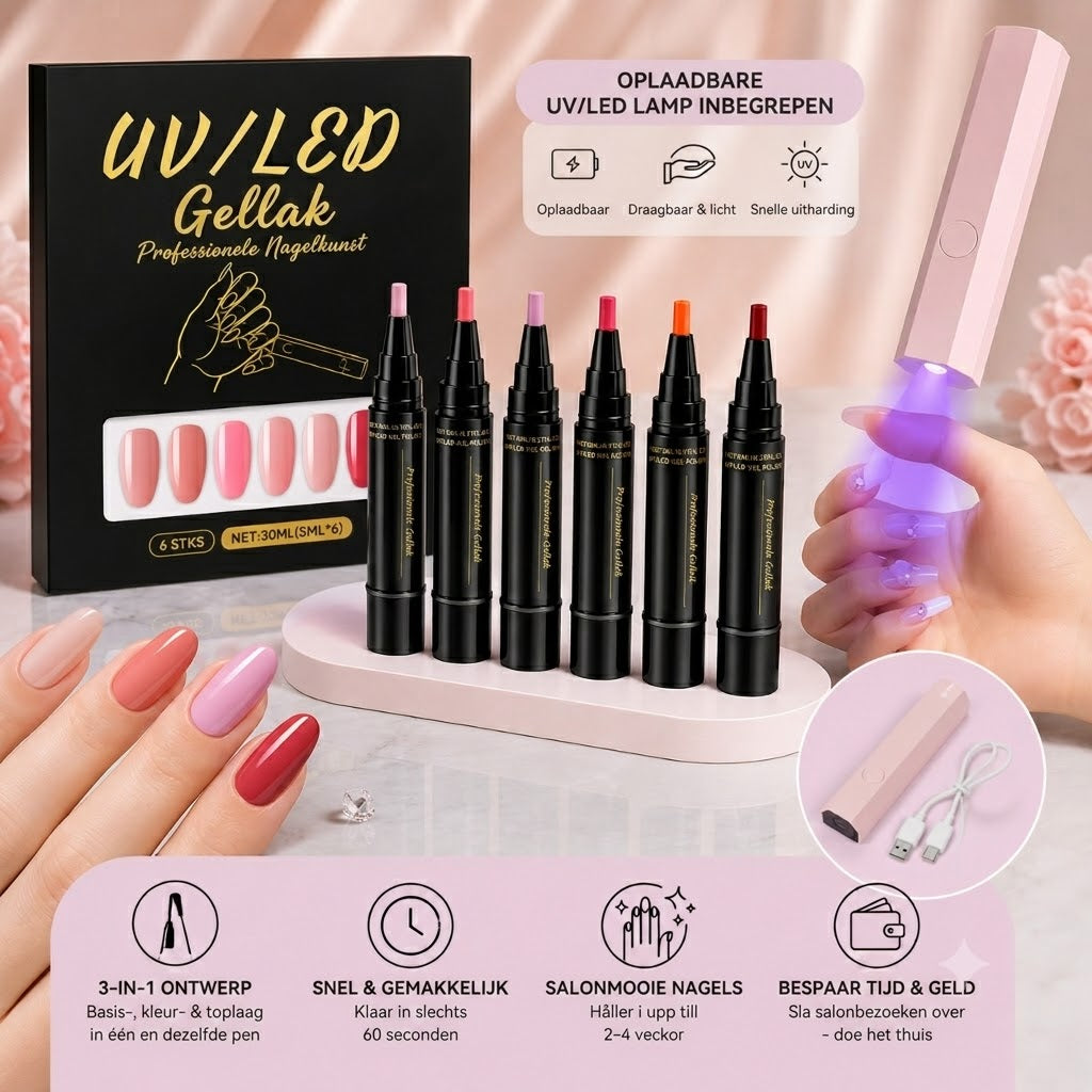 SalonPen 3 in 1 gelpennenset met UV LED lamp 6 stuks