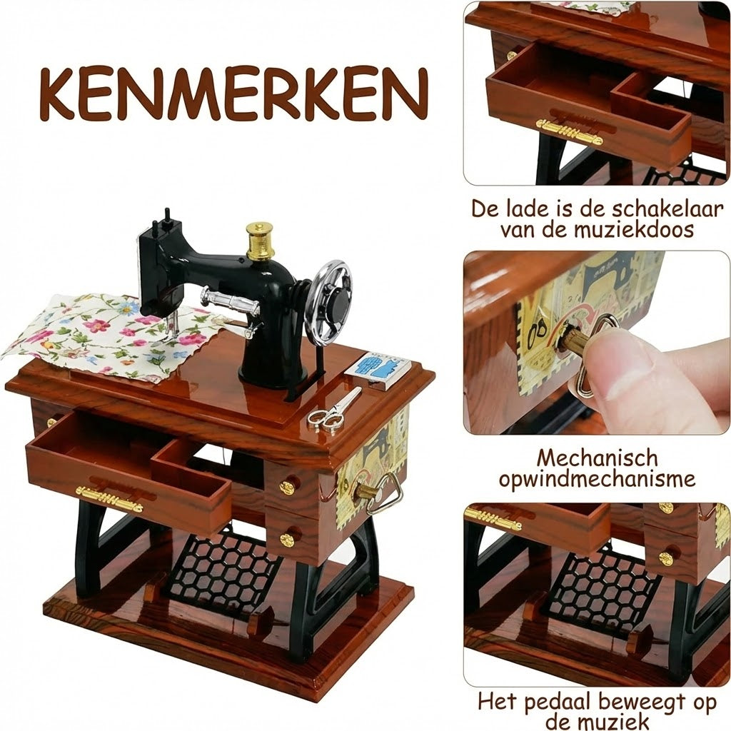Houten mini-naaimachine muziekdoosje