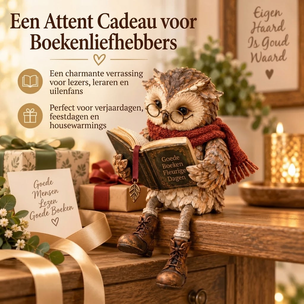 Lezend uilenbeeldje voor woondecoratie