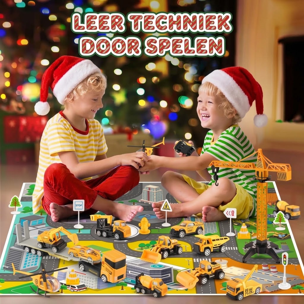 Bouwplaats adventskalender met 24 metalen mini bouwvoertuigen