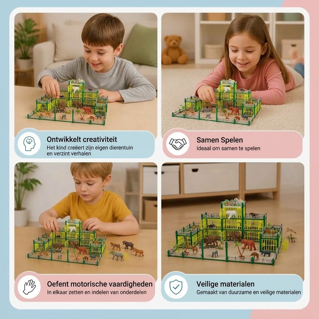Modulaire dierentuin bouwset met dierenfiguren en interactieve kooien