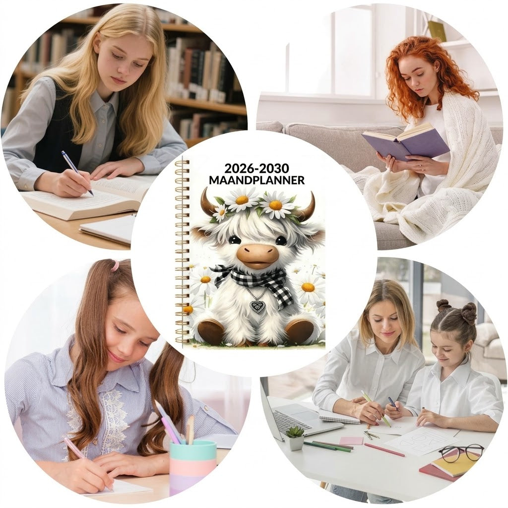 Vijfjarige A5 maandagenda 2026 2030 met Schotse hooglander design
