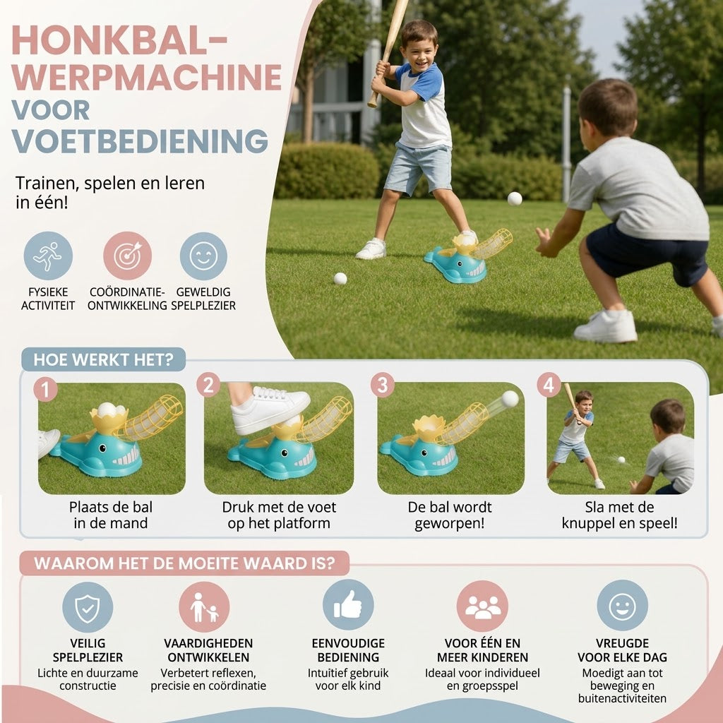 Voetbediende honkbalwerper set voor kinderen met knuppel en ballen
