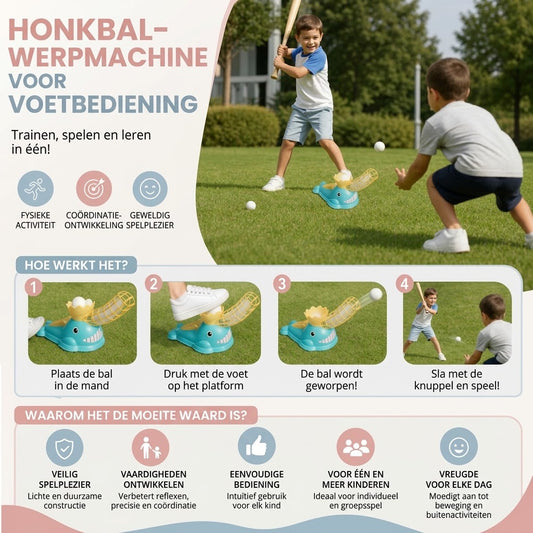 Voetbediende honkbalwerper set voor kinderen met knuppel en ballen