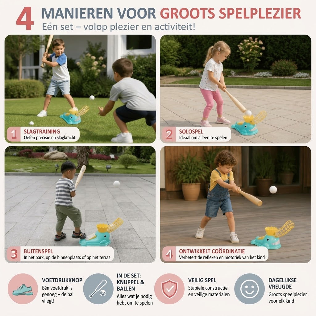 Voetbediende honkbalwerper set voor kinderen met knuppel en ballen