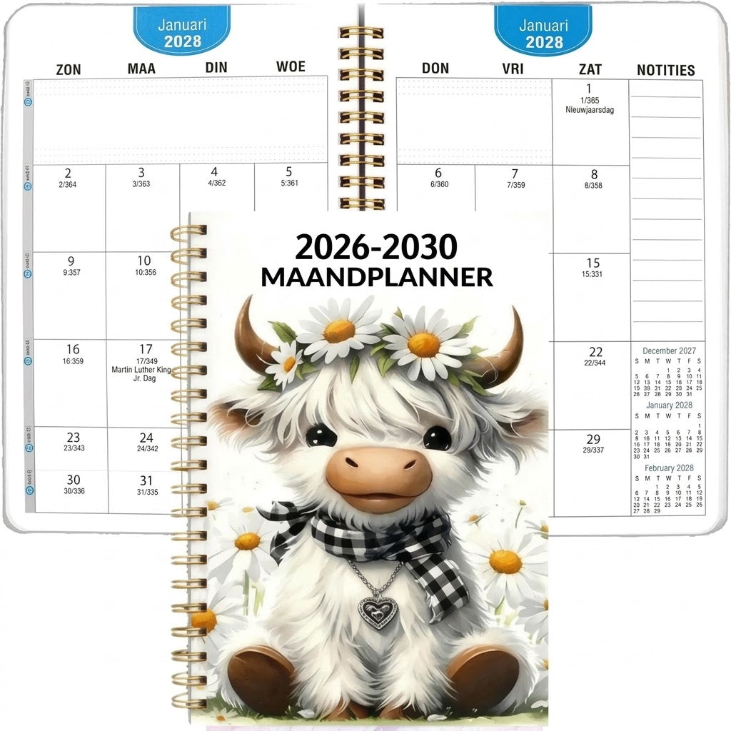 Vijfjarige A5 maandagenda 2026 2030 met Schotse hooglander design