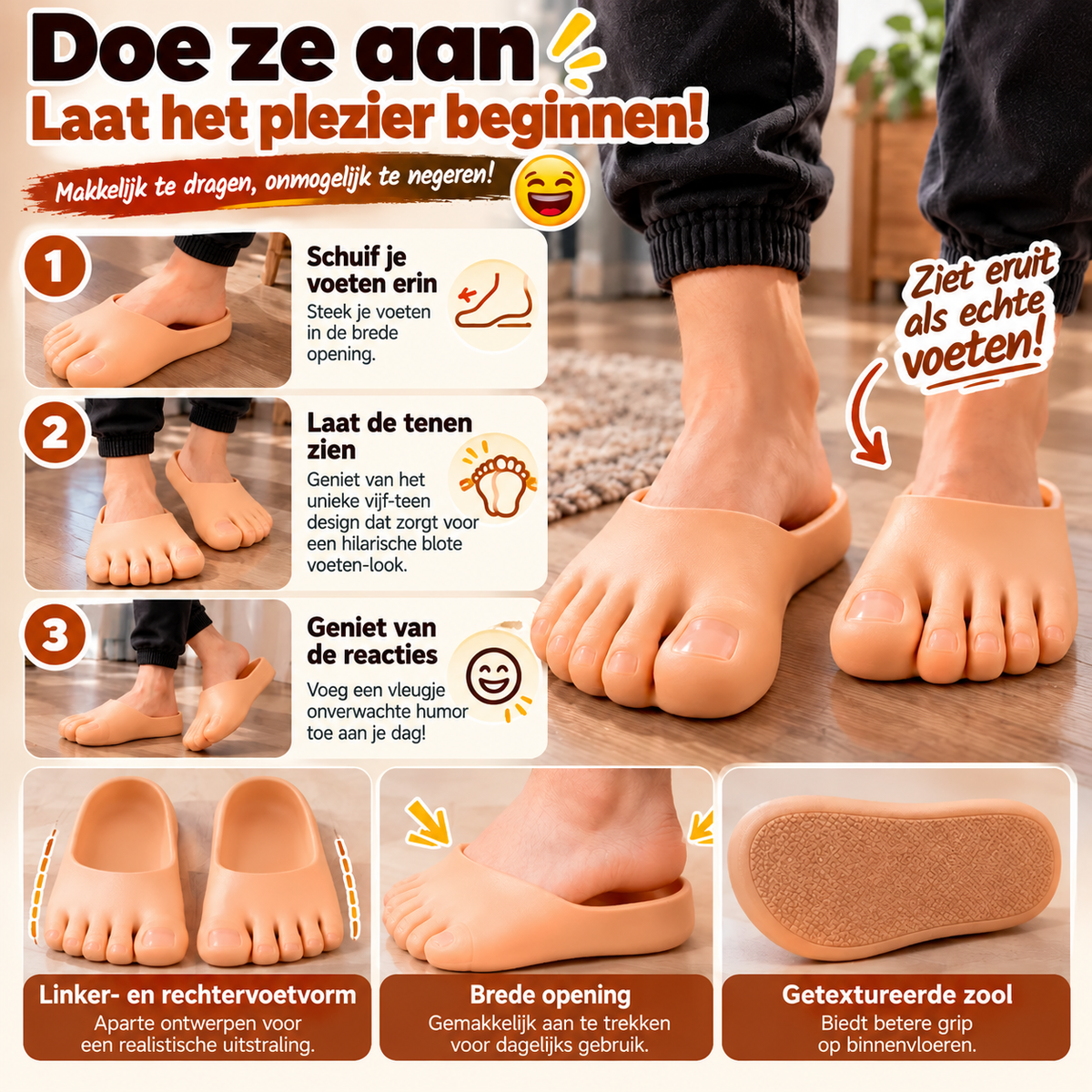 Grappige pantoffels met realistische grote tenen
