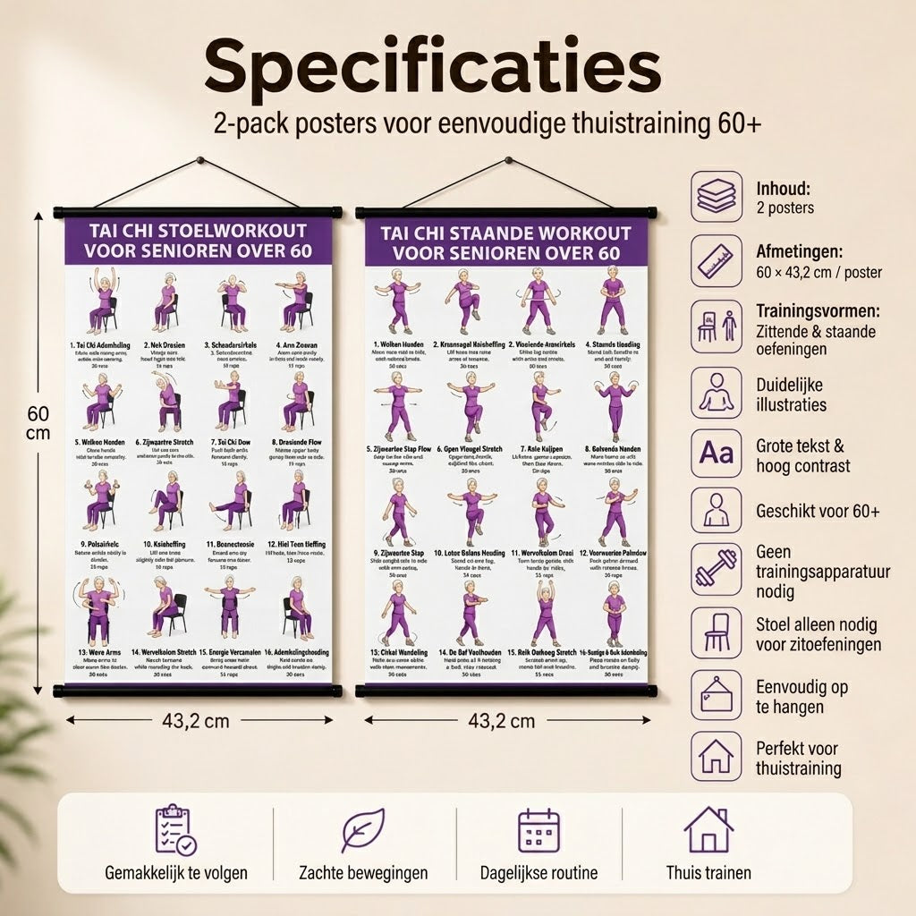 Tai chi stoeloefeningen posters voor senioren set van 2