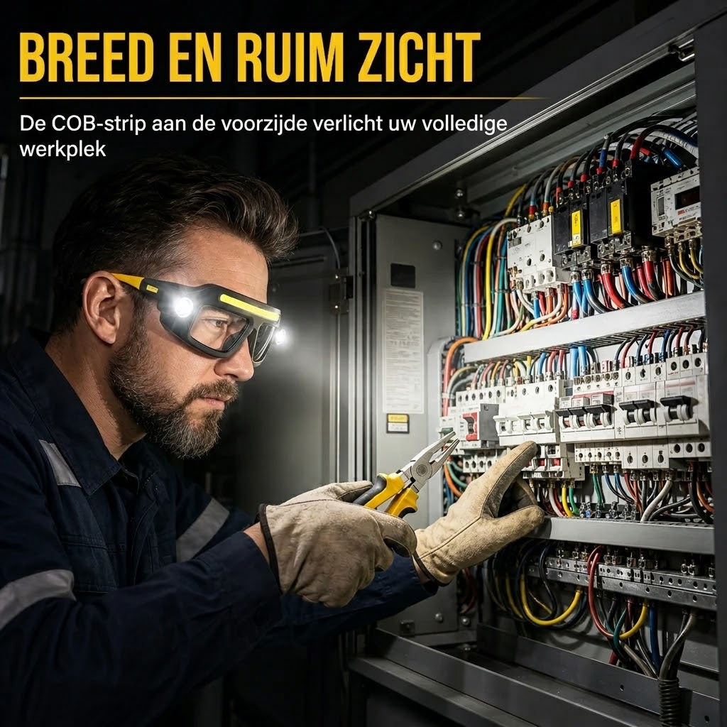 Oplaadbare LED hoofdlamp in brilmodel met bewegingssensor