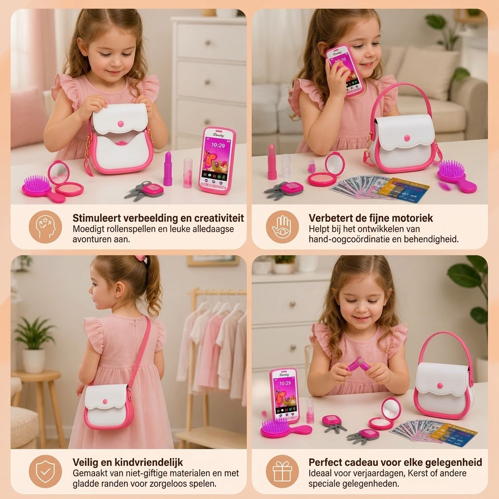 Kinder speelhandtas set met telefoon en make up accessoires