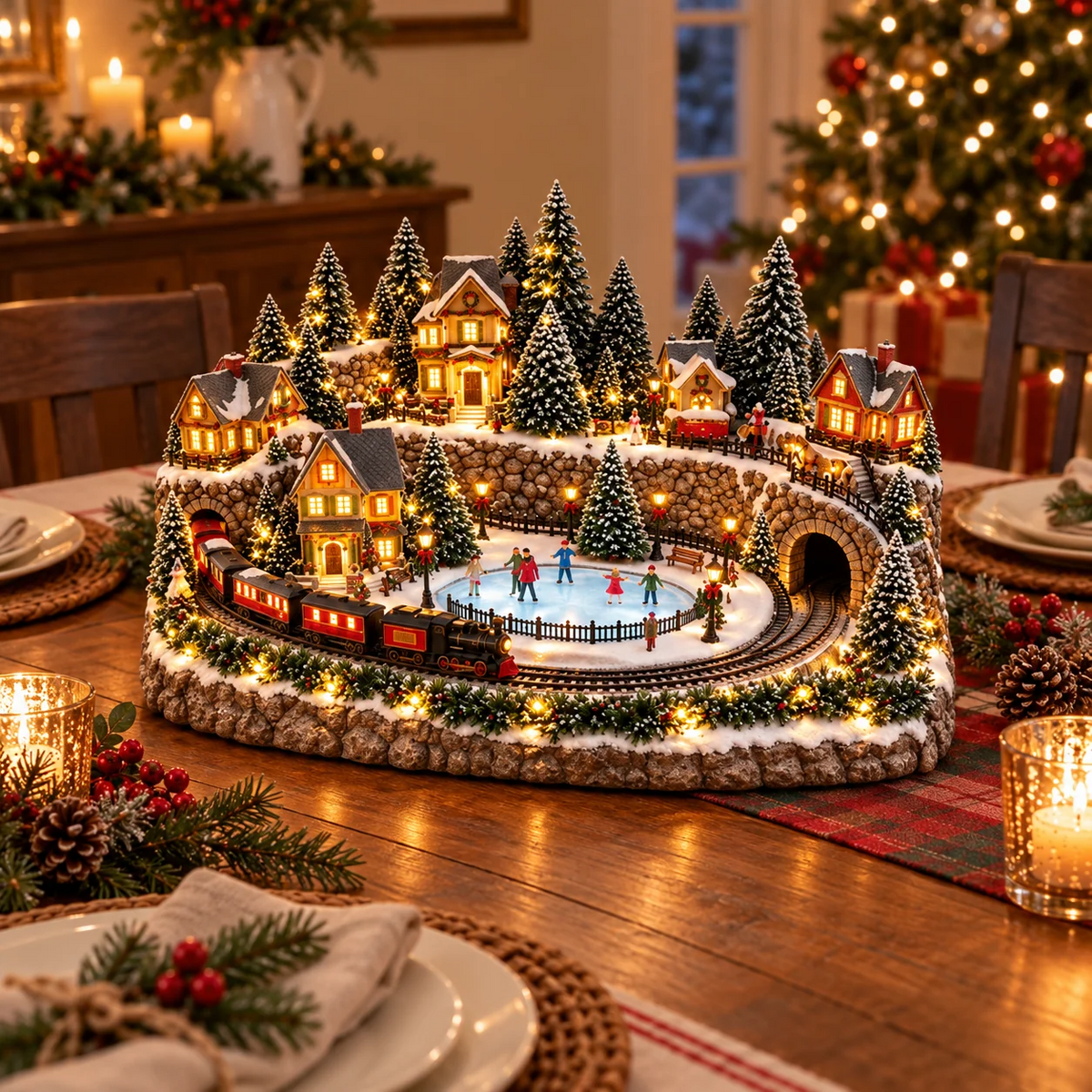 Kerstdecoratie met bewegende trein en ijsbaan