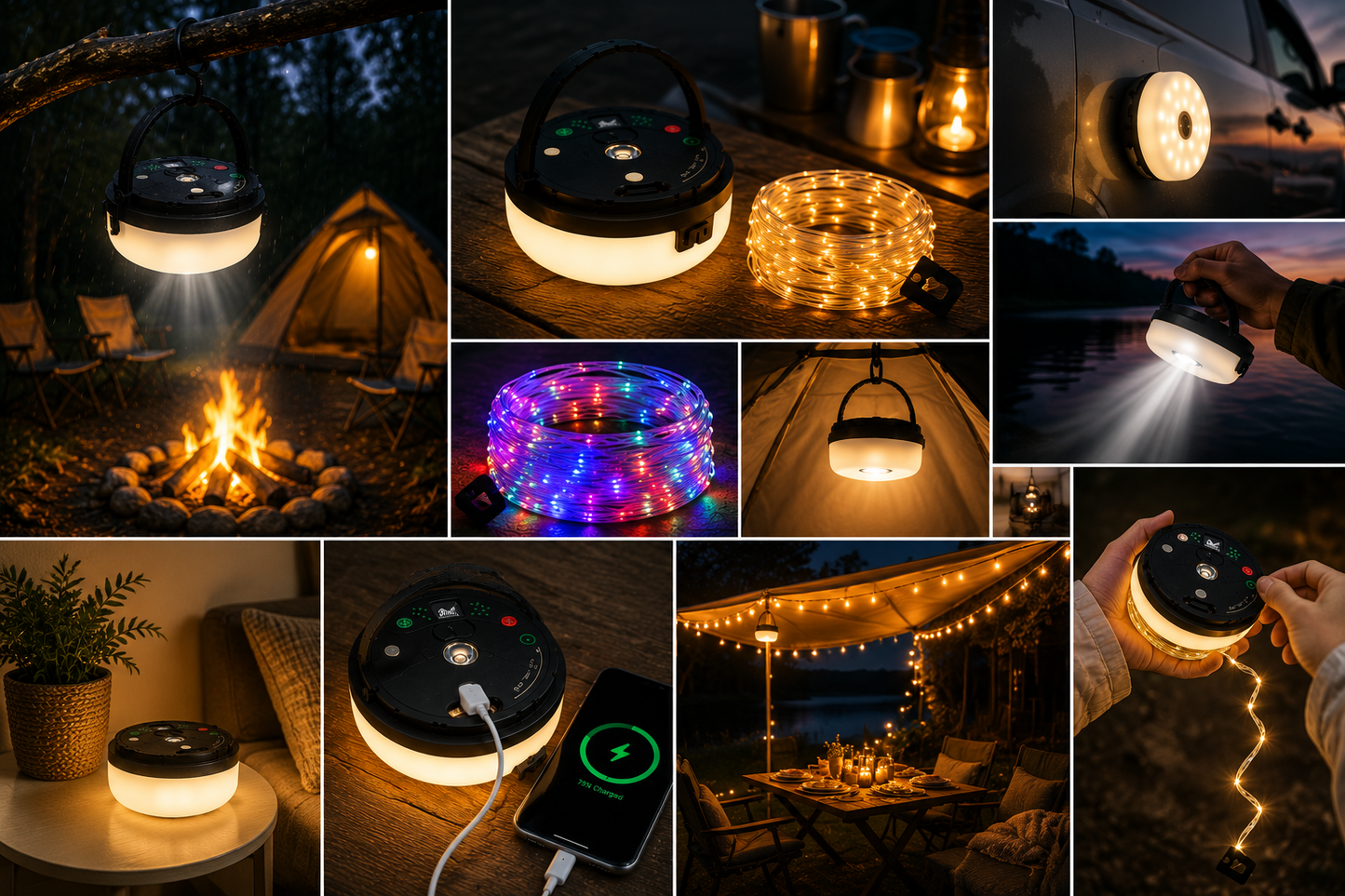 CampGlow 4 in 1 oplaadbare campinglamp met lichtslinger en powerbank