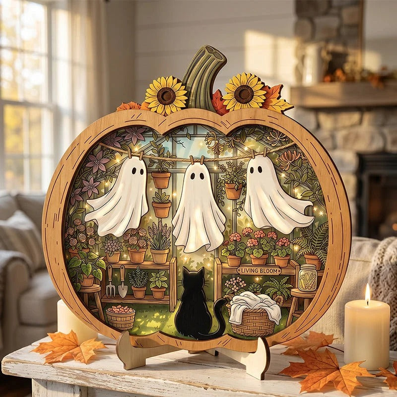 Houten Halloween pompoendecoratie met LED
