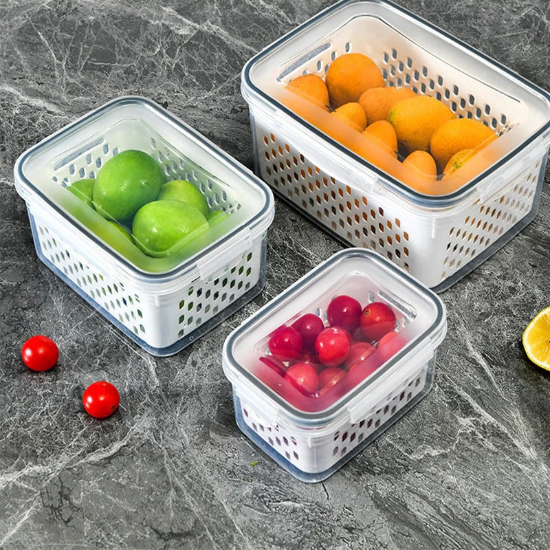 Fruitbewaarbak met afneembaar vergiet spoelt groenten en fruit en voorkomt doorweken