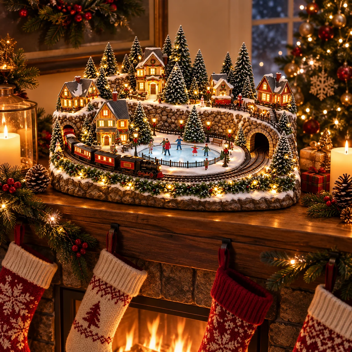 Kerstdecoratie met bewegende trein en ijsbaan