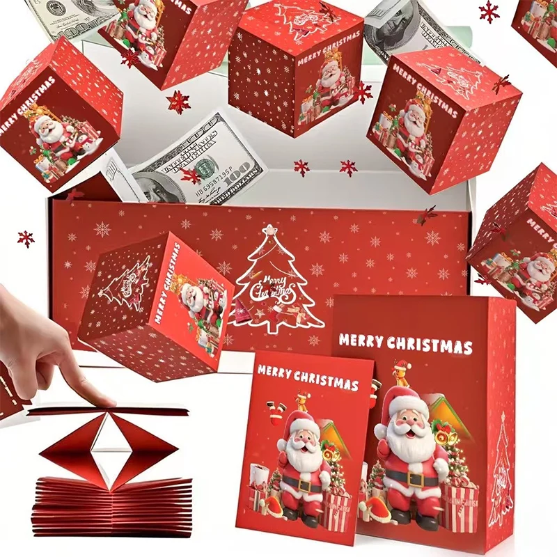 Pop up kerstcadeaudoos met explosie effect en 25 springdoosjes
