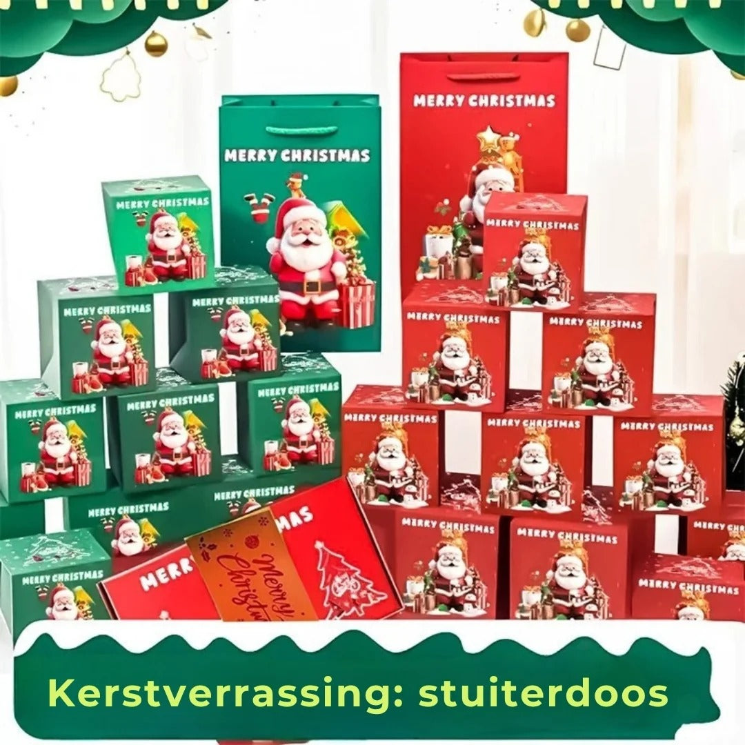 Pop up kerstcadeaudoos met explosie effect en 25 springdoosjes