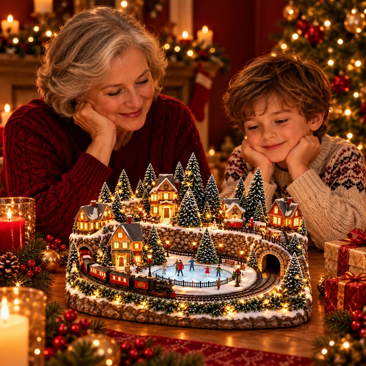 Kerstdecoratie met bewegende trein en ijsbaan