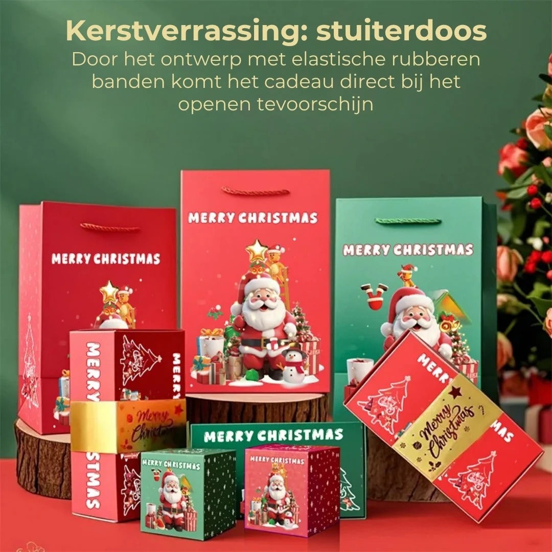 Pop up kerstcadeaudoos met explosie effect en 25 springdoosjes