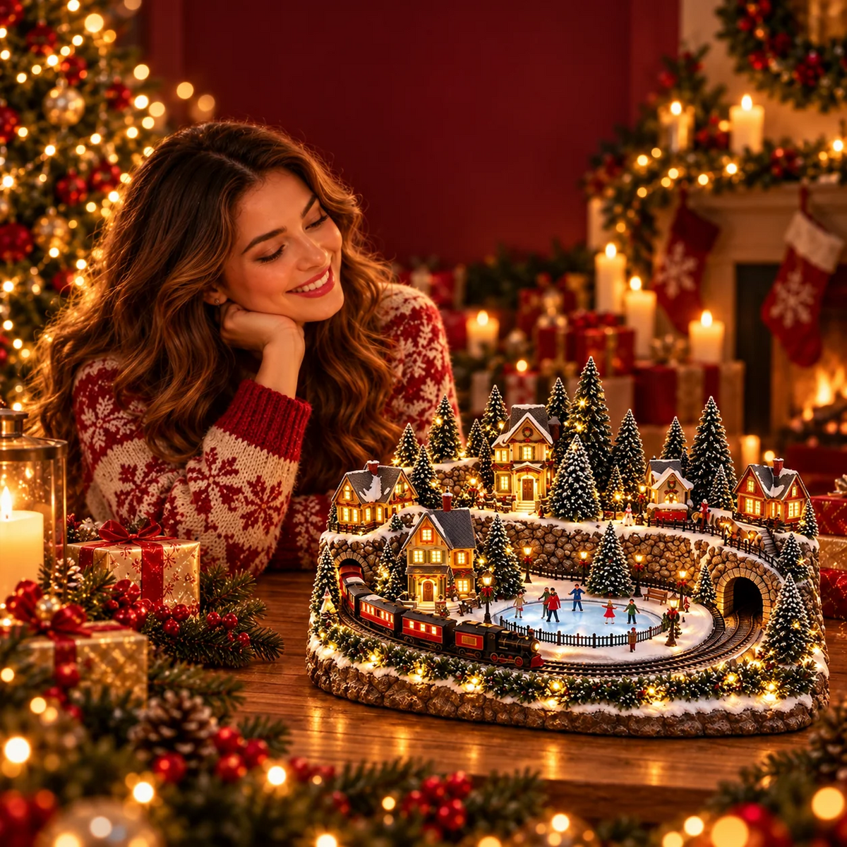 Kerstdecoratie met bewegende trein en ijsbaan