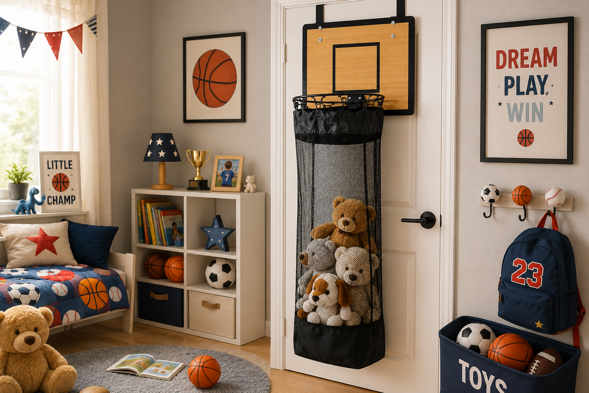 Wasmand met basketbalring voor aan de deur