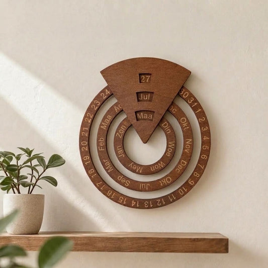 Ronde draaibare houten eeuwigdurende kalender