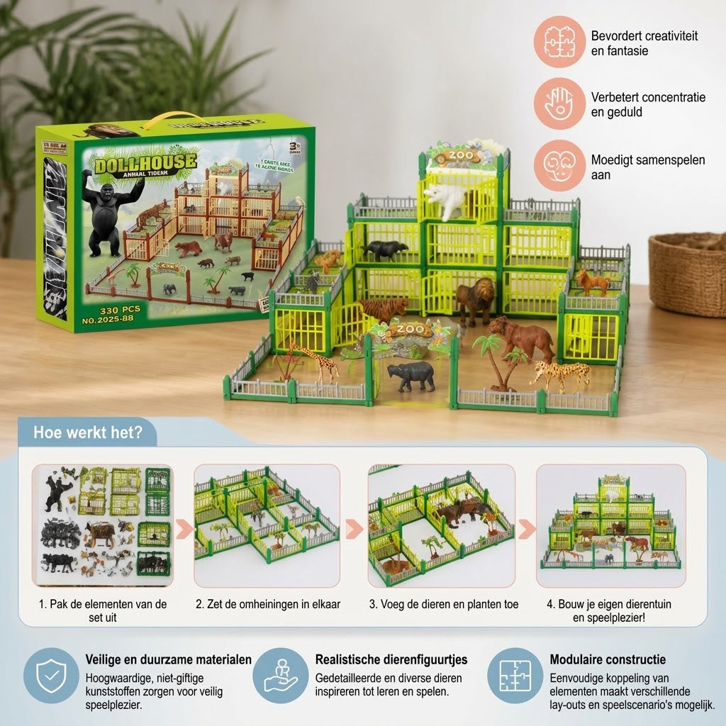 Modulaire dierentuin bouwset met dierenfiguren en interactieve kooien