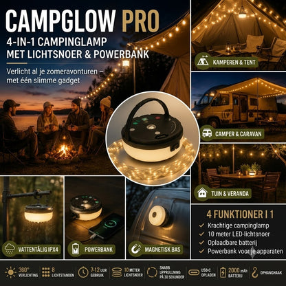 CampGlow 4 in 1 oplaadbare campinglamp met lichtslinger en powerbank