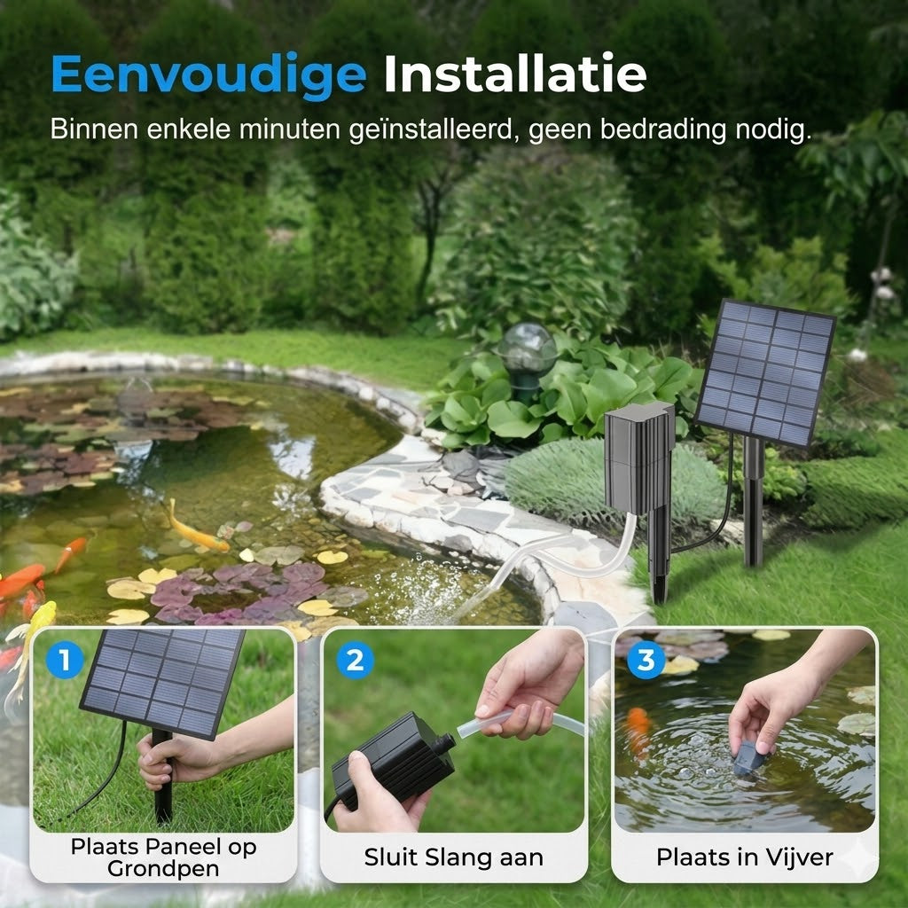 Solar vijverbeluchter biedt continue zuurstof voor vissen en planten