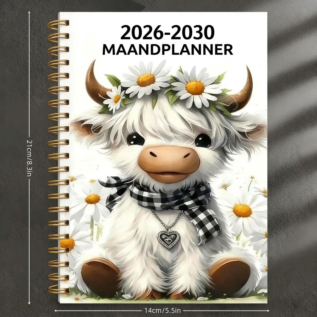 Vijfjarige A5 maandagenda 2026 2030 met Schotse hooglander design