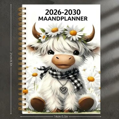 Vijfjarige A5 maandagenda 2026 2030 met Schotse hooglander design