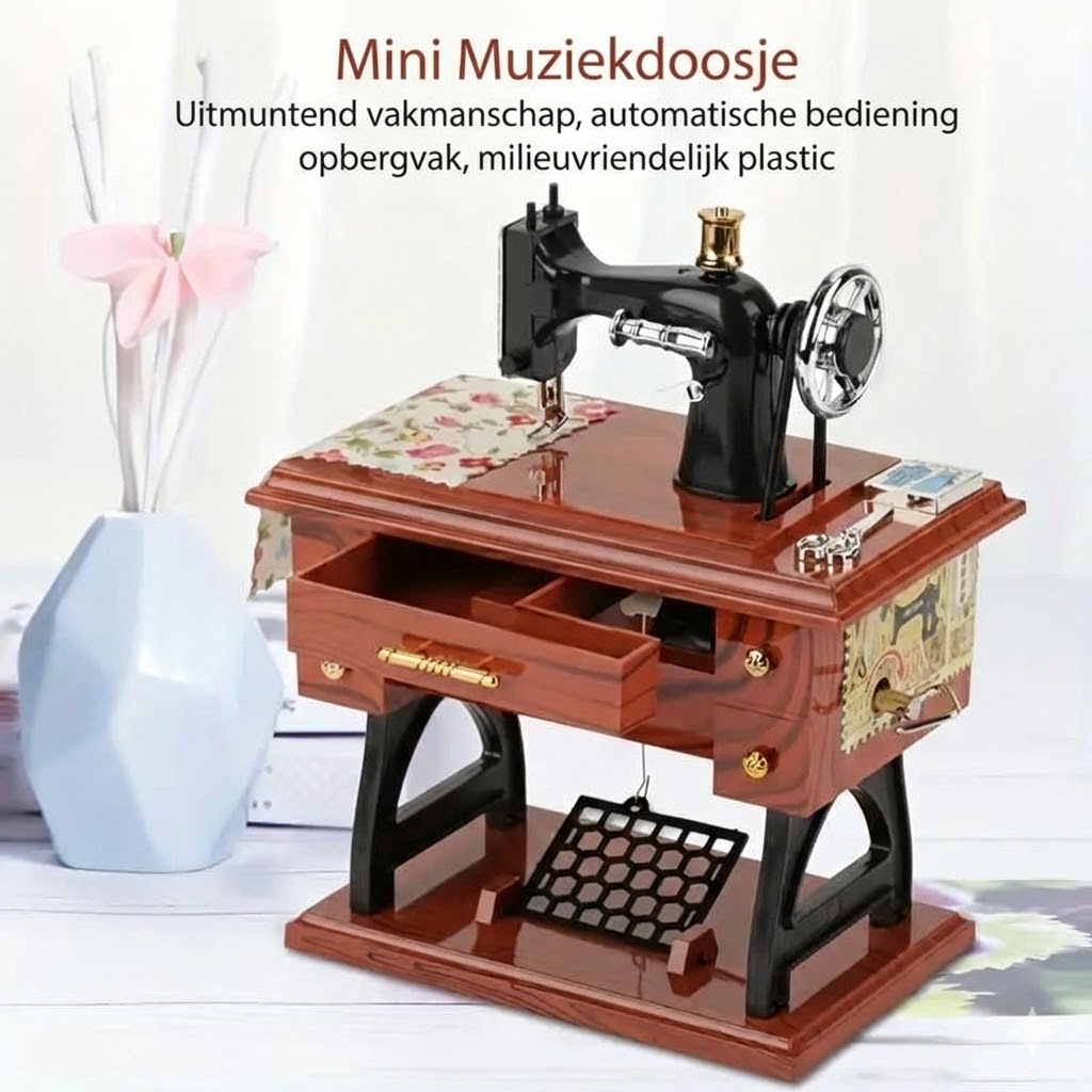 Houten mini-naaimachine muziekdoosje