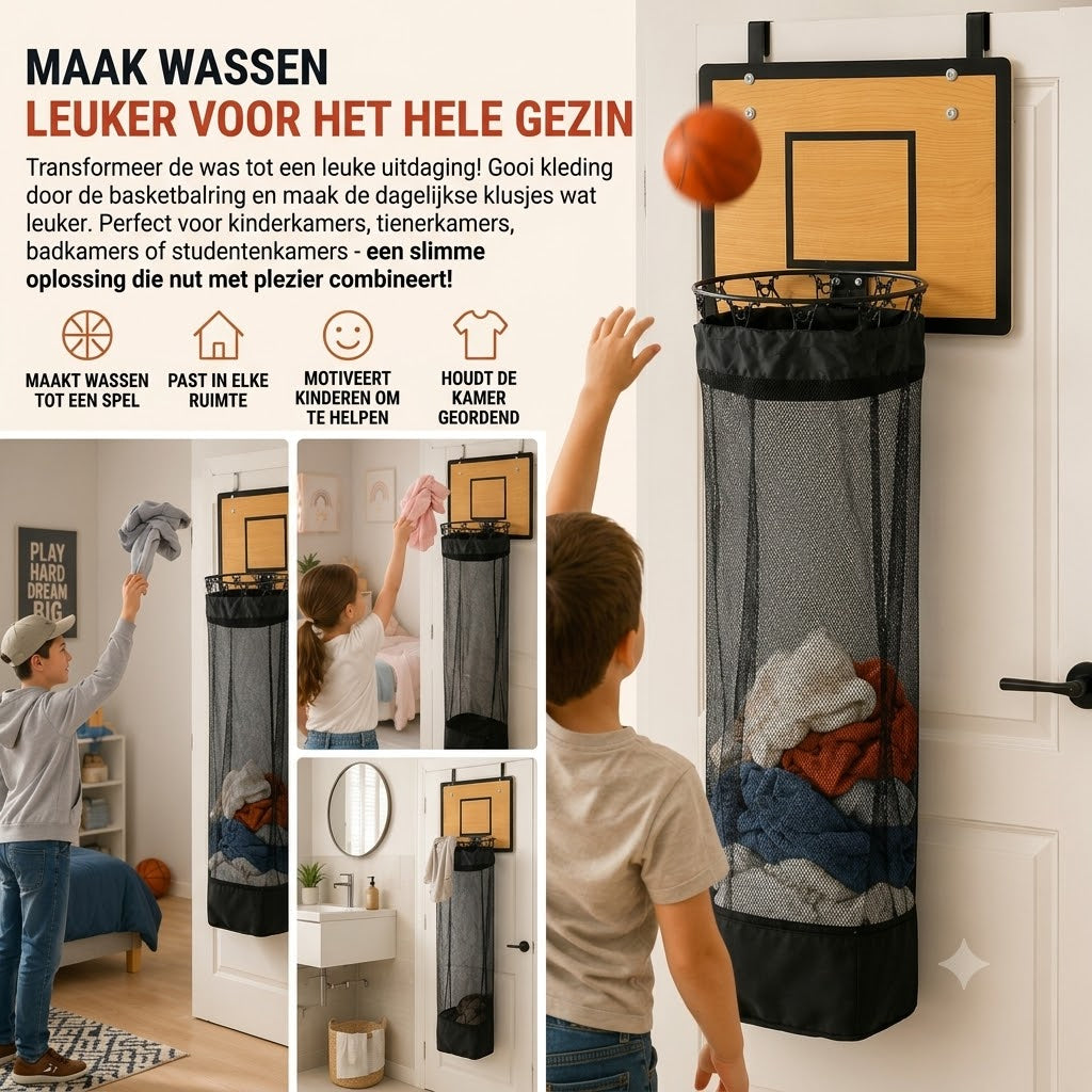 Wasmand met basketbalring voor aan de deur