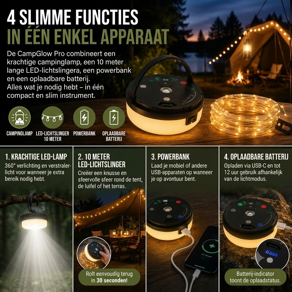 CampGlow 4 in 1 oplaadbare campinglamp met lichtslinger en powerbank