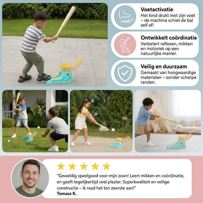 Voetbediende honkbalwerper set voor kinderen met knuppel en ballen