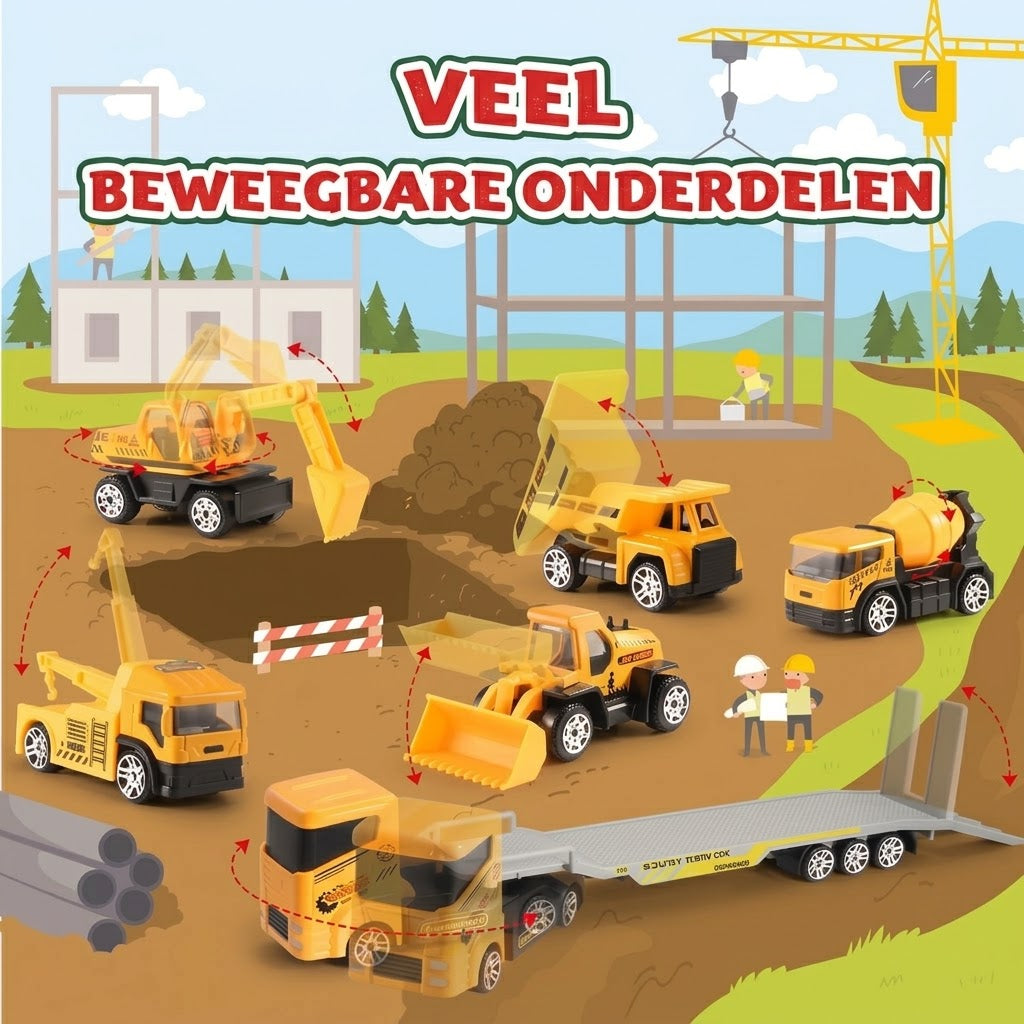 Bouwplaats adventskalender met 24 metalen mini bouwvoertuigen