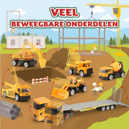 Bouwplaats adventskalender met 24 metalen mini bouwvoertuigen