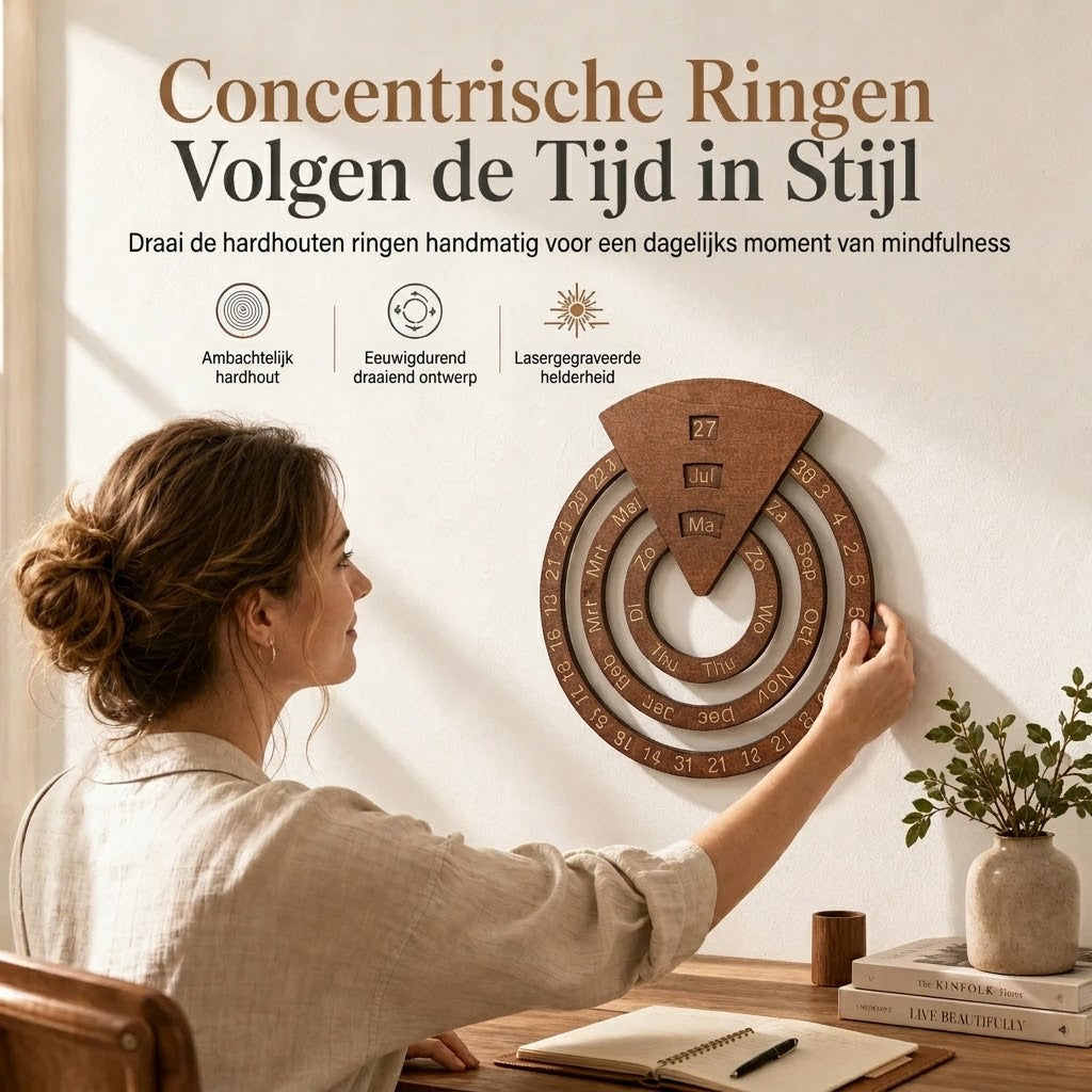 Ronde draaibare houten eeuwigdurende kalender