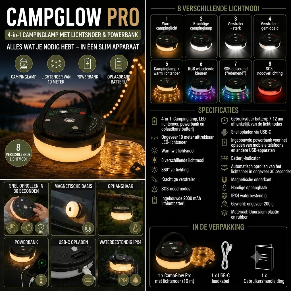 CampGlow 4 in 1 oplaadbare campinglamp met lichtslinger en powerbank