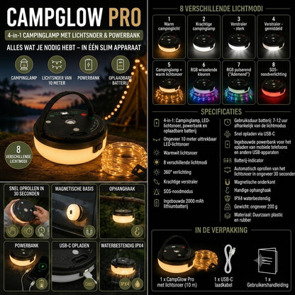 CampGlow 4 in 1 oplaadbare campinglamp met lichtslinger en powerbank