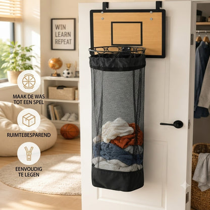 Wasmand met basketbalring voor aan de deur