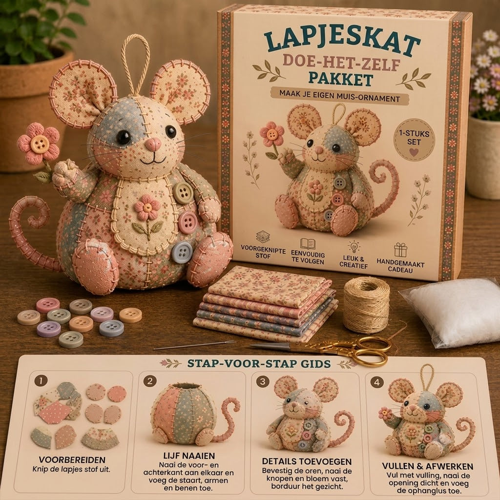 Complete DIY-set voor een patchworkmuis - Inclusief alle materialen