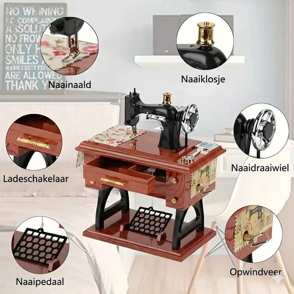 Houten mini-naaimachine muziekdoosje
