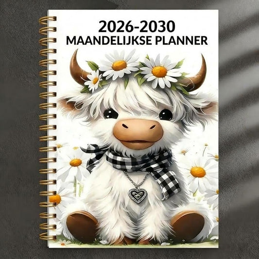 Vijfjarige A5 maandagenda 2026 2030 met Schotse hooglander design