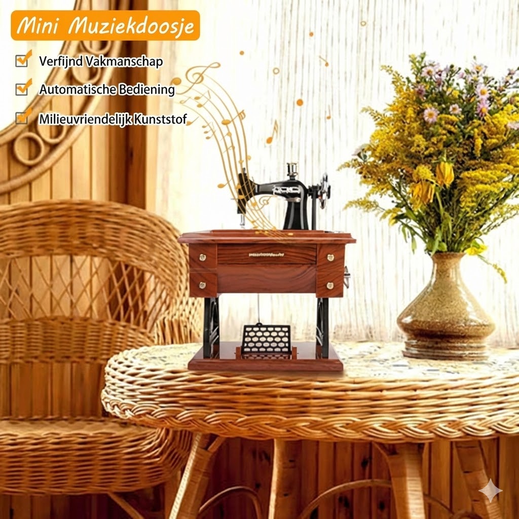 Houten mini-naaimachine muziekdoosje