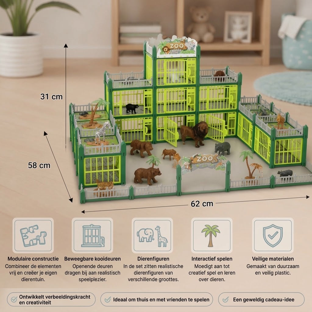 Modulaire dierentuin bouwset met dierenfiguren en interactieve kooien
