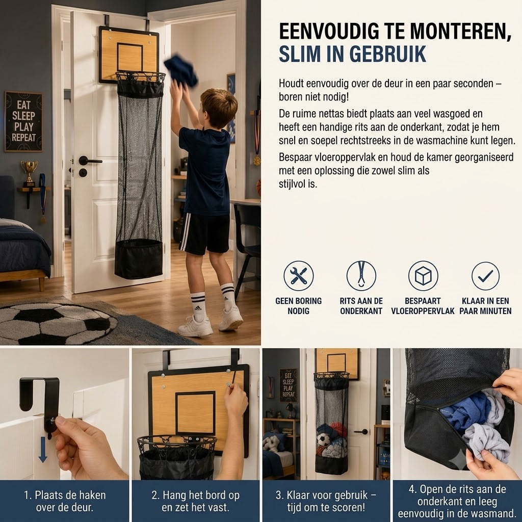 Wasmand met basketbalring voor aan de deur