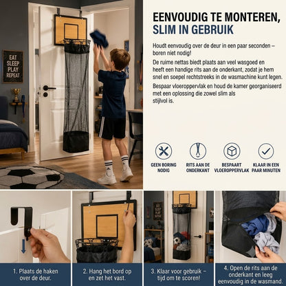 Wasmand met basketbalring voor aan de deur